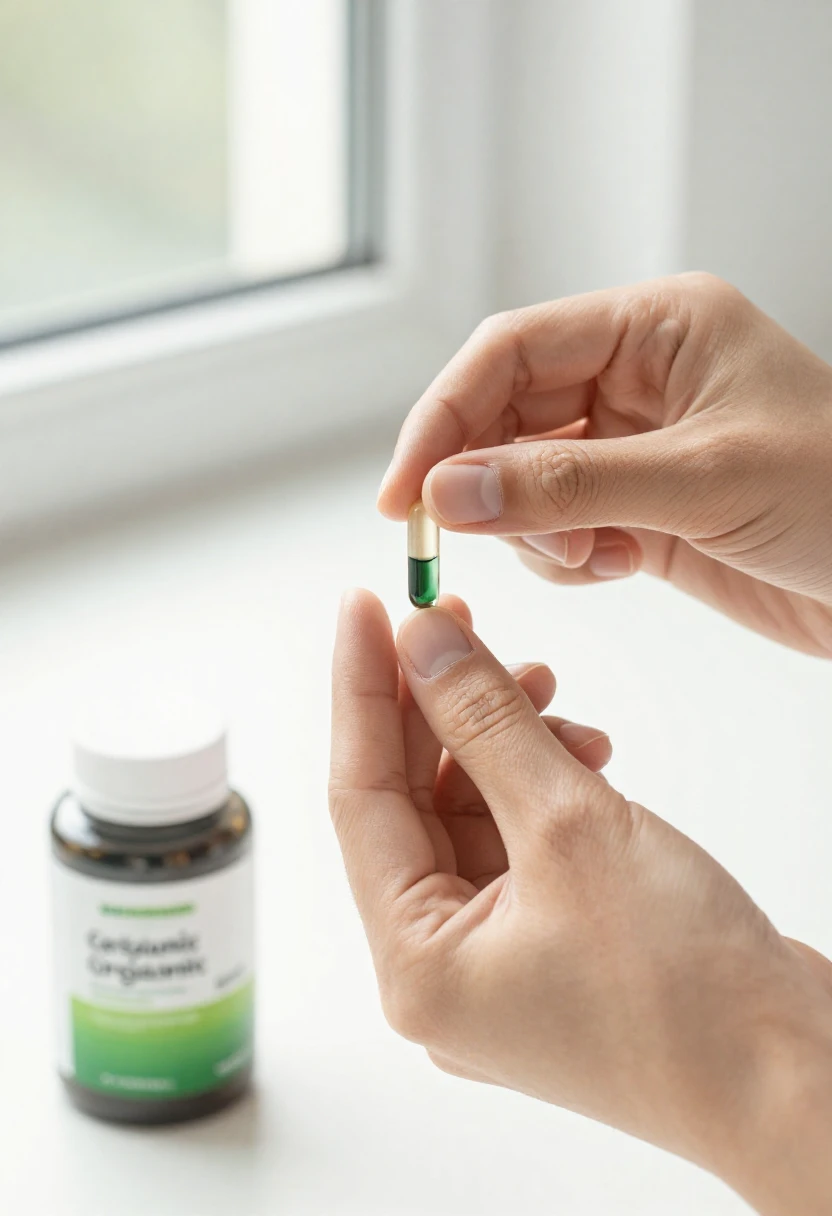 Spirulina side effects and quality — holding spirulina capsule up to natural light