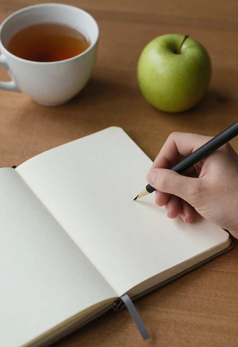 Person writing a simple nutrition goal in a notebook with a cup of tea and an apple nearby