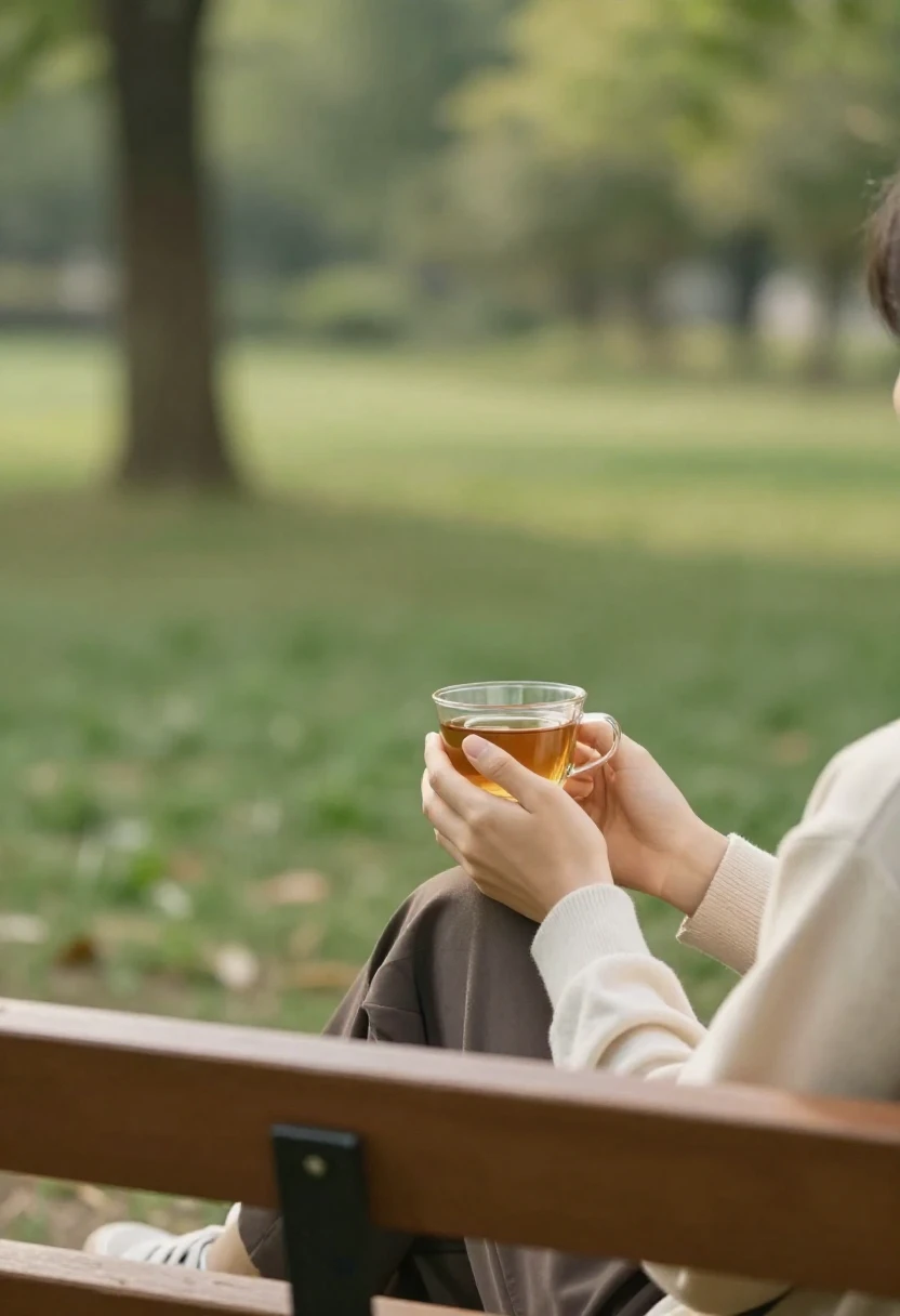 A person sitting peacefully in a green park holding a warm cup of tea in soft natural light