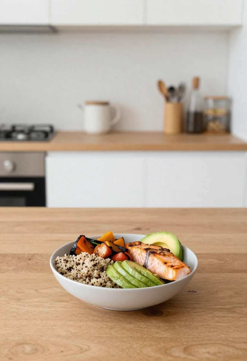 Balanced healthy meal with whole foods representing sustainable weight loss habits.