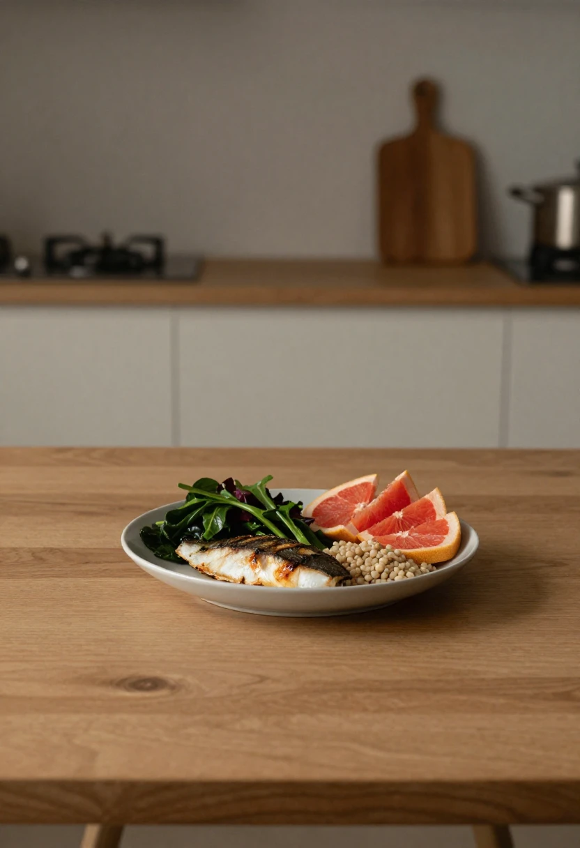 Balanced meal with grapefruit on the side representing a thoughtful perspective on the Grapefruit Diet