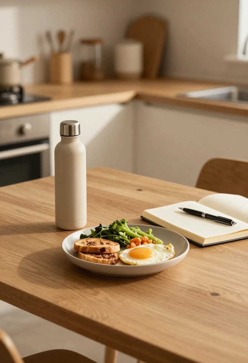 Healthy breakfast and journal representing small daily habits that lead to lasting weight loss