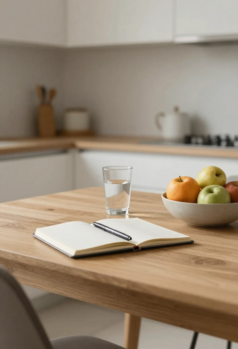 Notebook and healthy breakfast setup representing mindful progress tracking without obsession