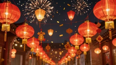 Chinese New Year street with lanterns, fireworks, and food stalls.