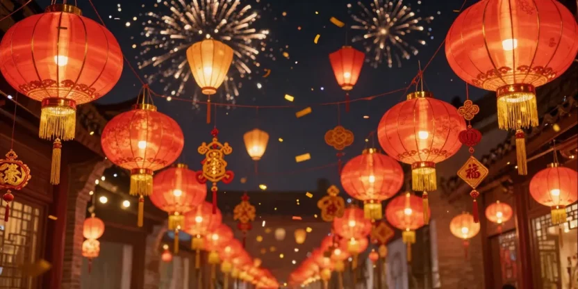 Chinese New Year street with lanterns, fireworks, and food stalls.