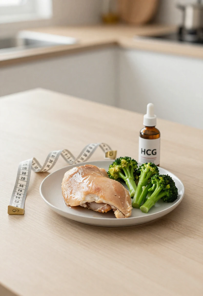 HCG supplement concept with low-calorie meal and measuring tape