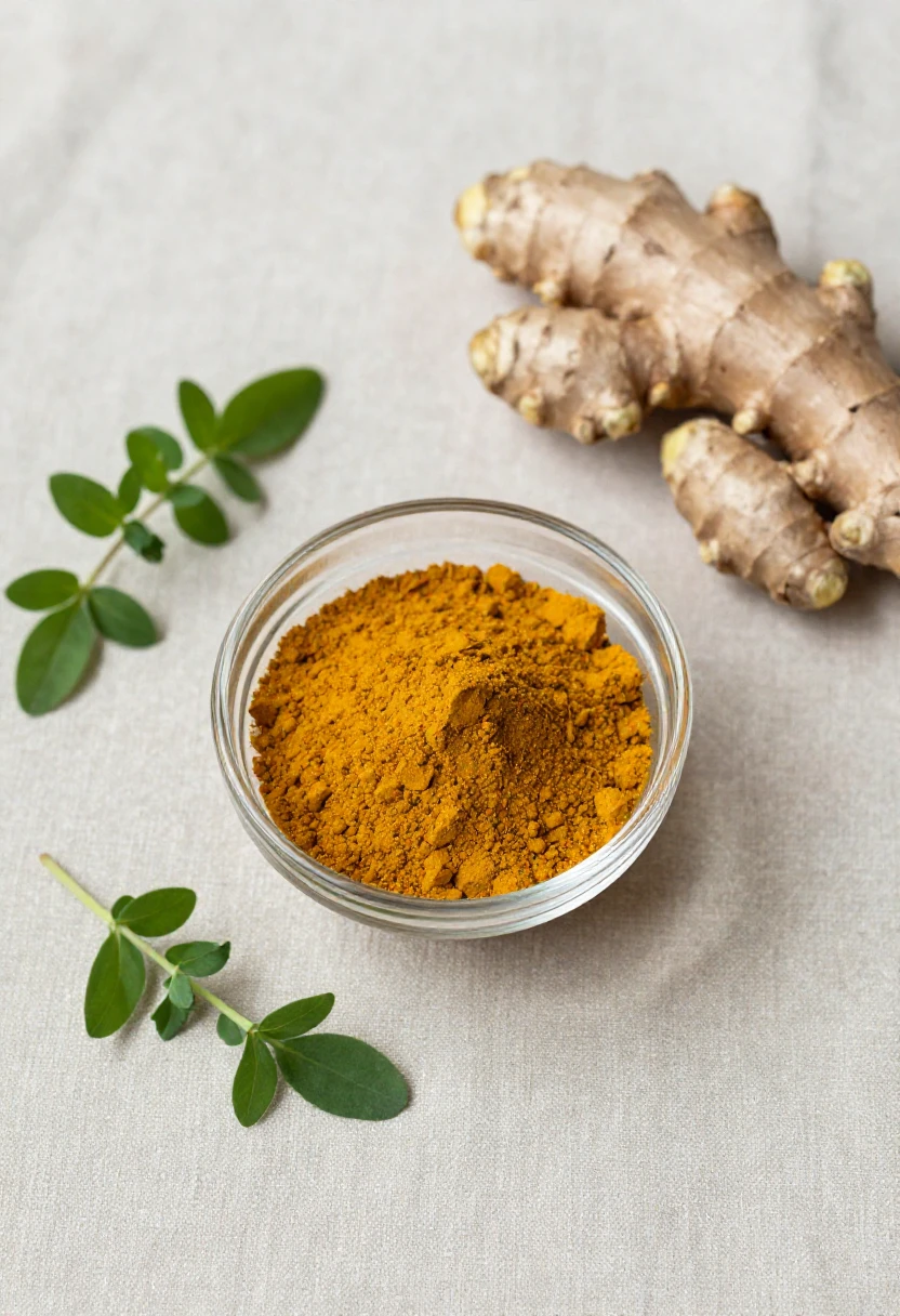 Turmeric powder and anti-inflammatory ingredients arranged on a linen cloth