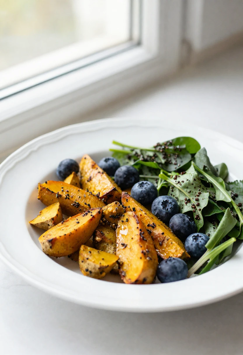 Colorful antioxidant-rich bowl with turmeric roasted vegetables and fresh greens