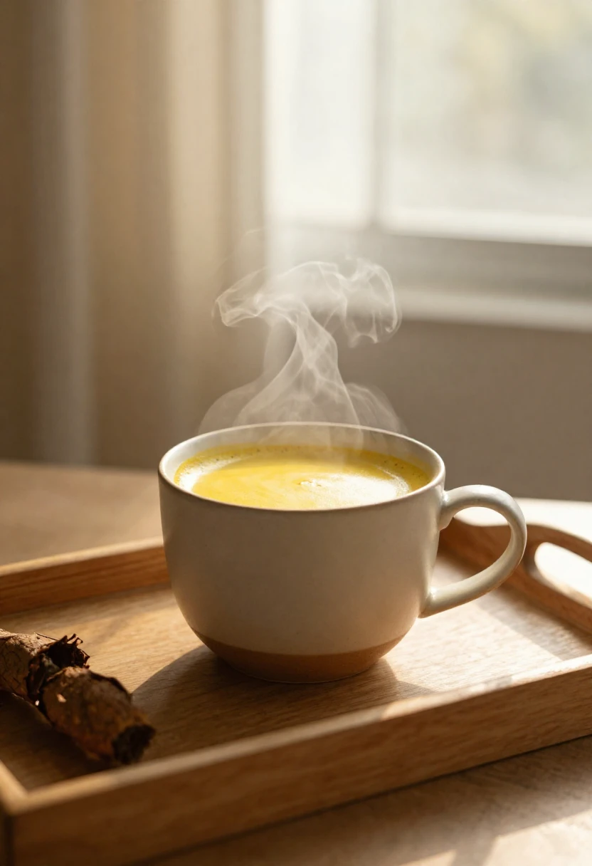 Steaming golden turmeric latte in a ceramic mug on a wooden tray in morning light