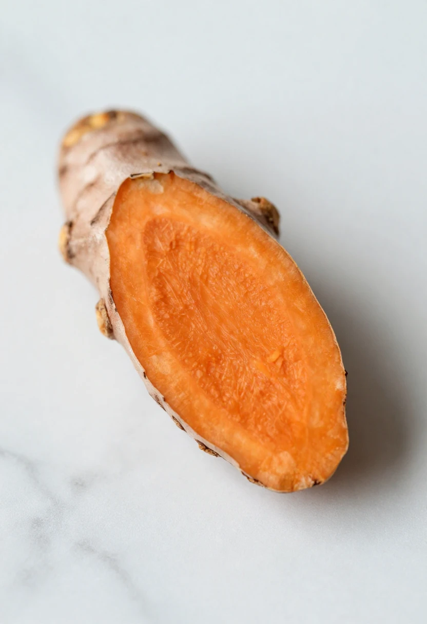 Cross-section of fresh turmeric root showing vibrant orange curcumin-rich interior