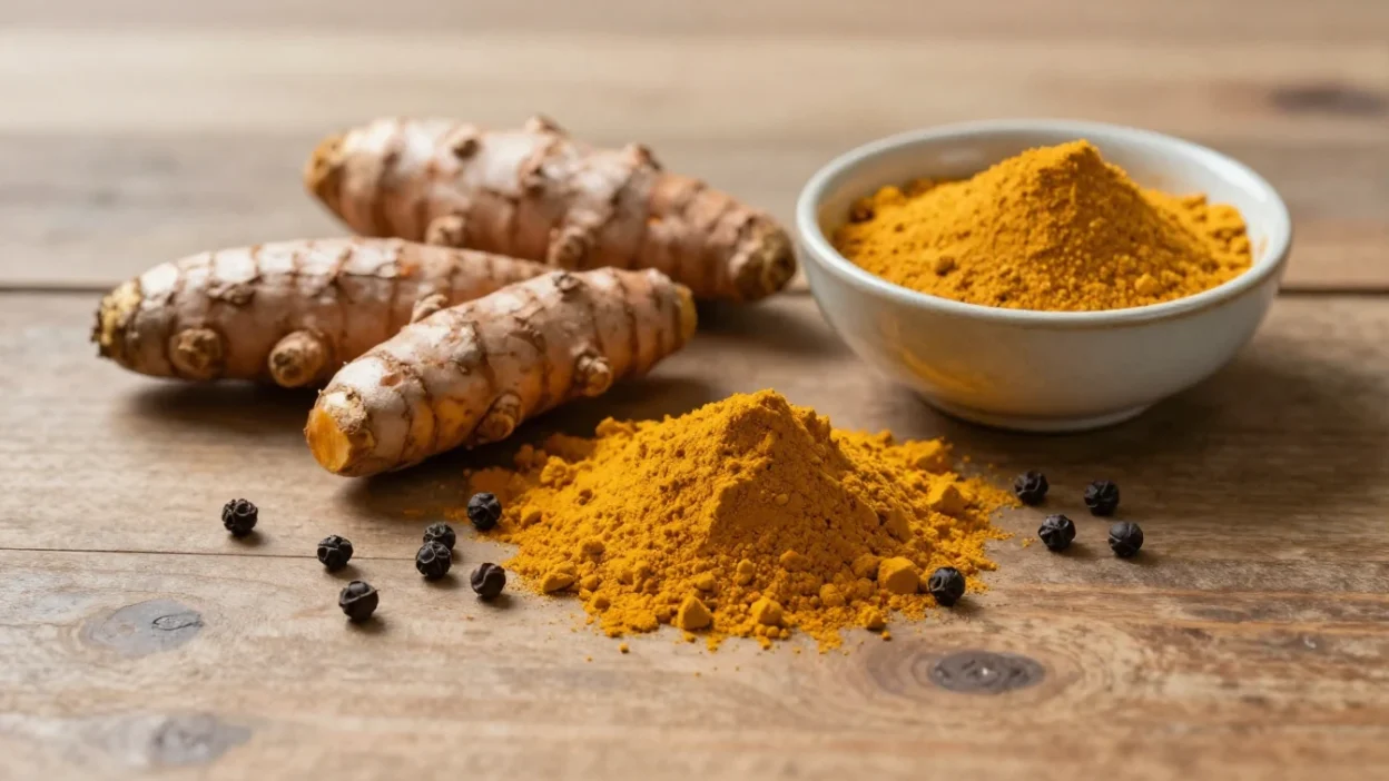 Fresh turmeric root and turmeric powder with black peppercorns on a wooden surface