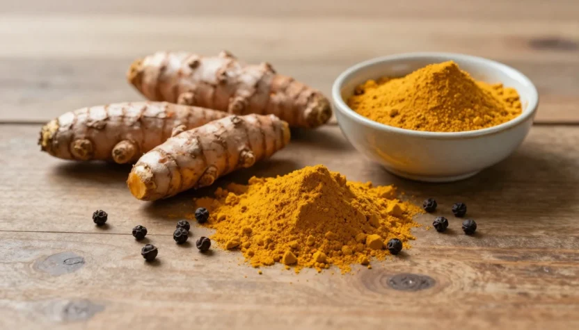 Fresh turmeric root and turmeric powder with black peppercorns on a wooden surface