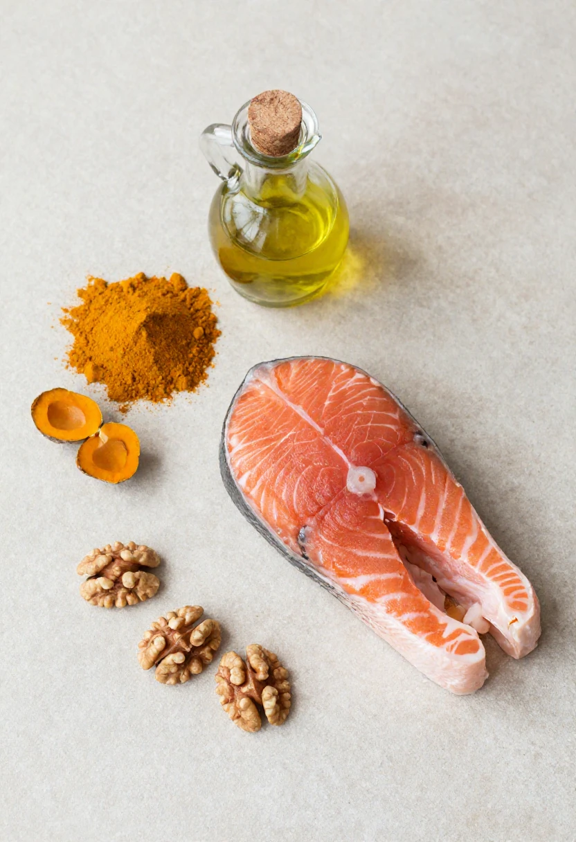 Heart-healthy ingredients including turmeric, salmon, olive oil and walnuts on stone surface