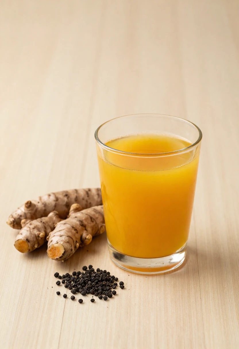 Warm turmeric drink with fresh turmeric root and black pepper on a wooden surface
