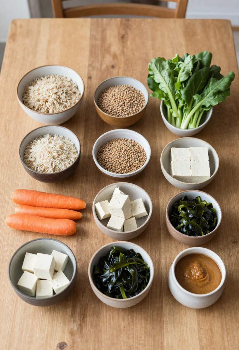 Variety of macrobiotic diet foods including grains, vegetables and tofu