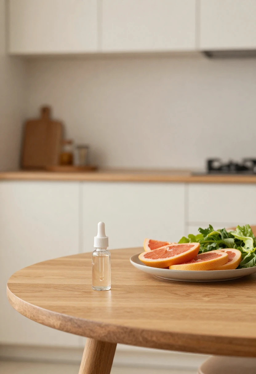 Dropper bottle with simple healthy food illustrating HCG diet drops concept.