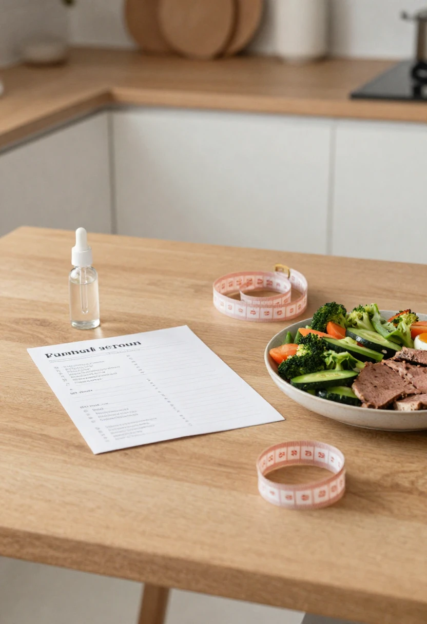 Weight-loss program kit with meal plan, dropper bottle, and measuring tape representing an HCG diet package.