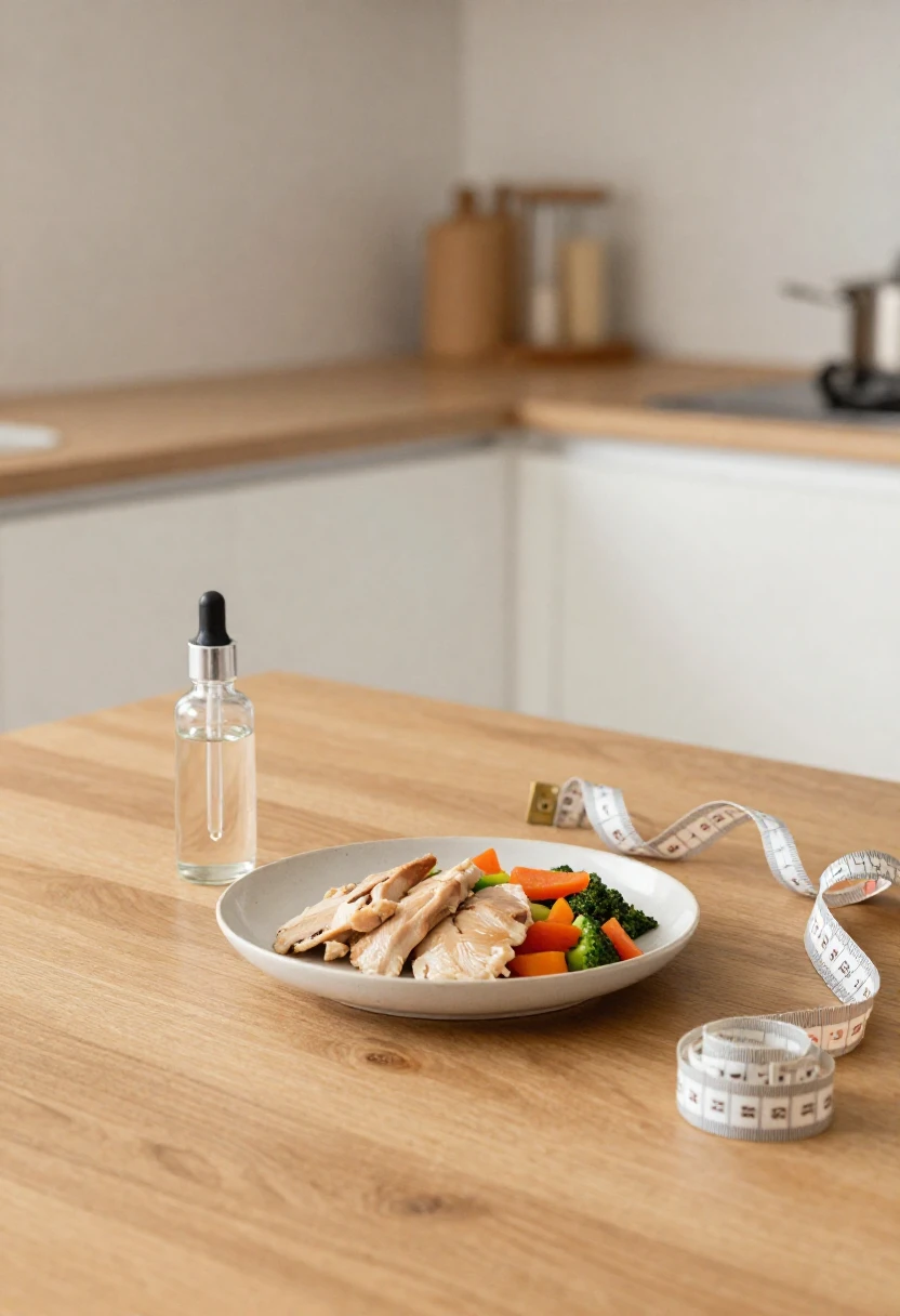 Small portion diet meal and dropper bottle illustrating the HCG diet concept.