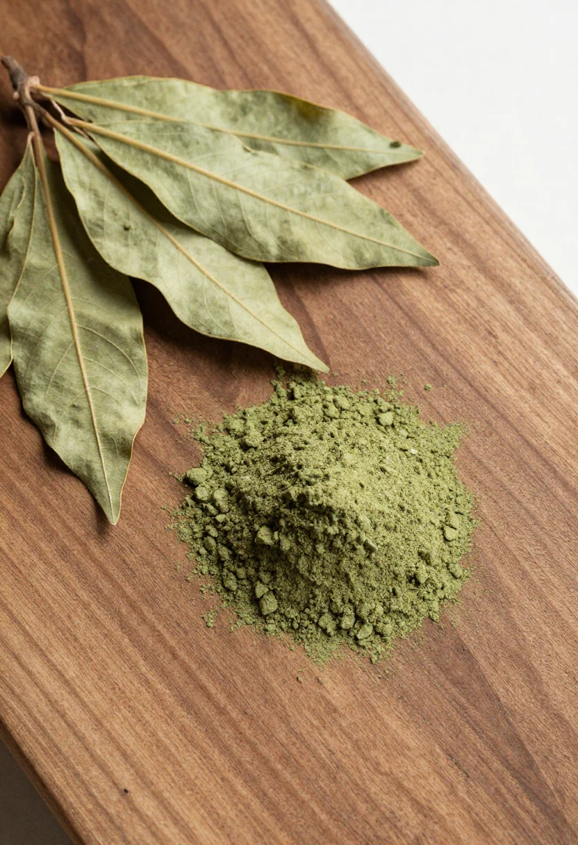 Kratom leaves and powder close-up showing the plant's natural texture