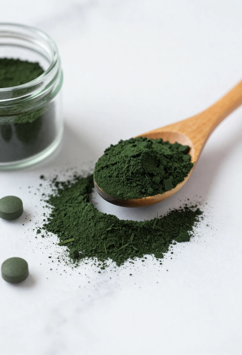 Spirulina powder and tablets on marble surface — what is spirulina and its nutrients