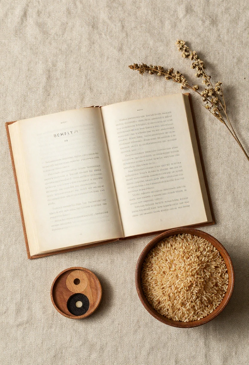 Yin and yang wooden symbol next to a bowl of brown rice representing the philosophy behind the macrobiotic diet