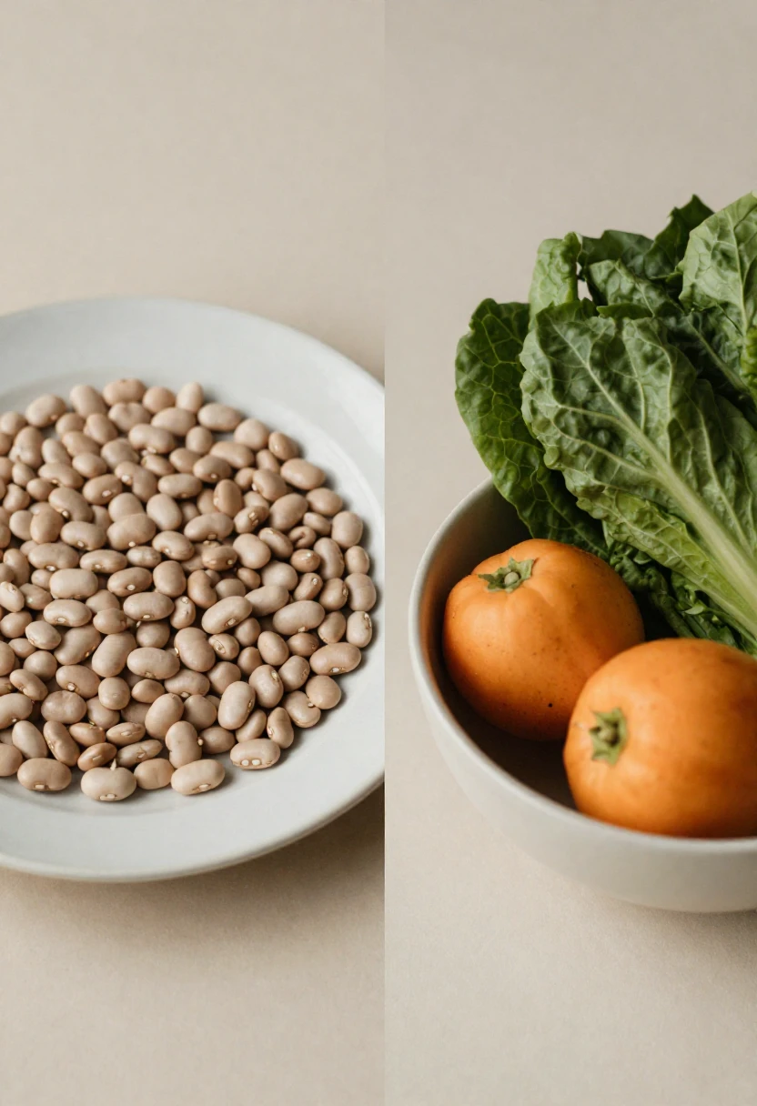 A clean plate of whole plant foods next to a bowl of fresh vegetables and fruits