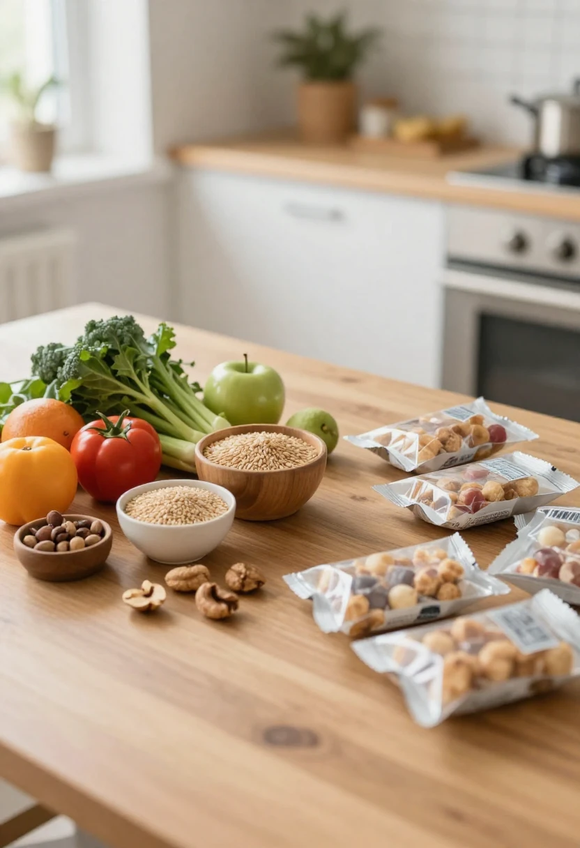 Fresh whole foods contrasted with packaged snacks illustrating healthier eating choices
