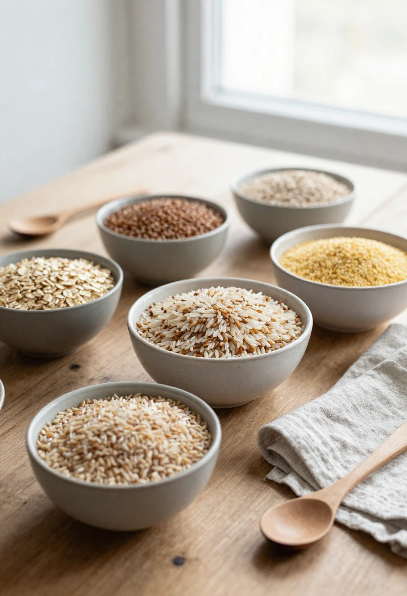 Bowls of whole grains including brown rice, barley, millet and oats