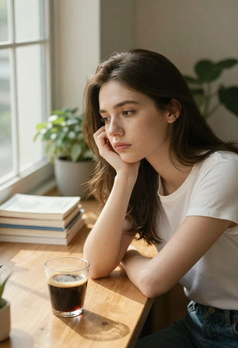 Woman feeling tired and low energy sitting at a desk with a cup of coffee