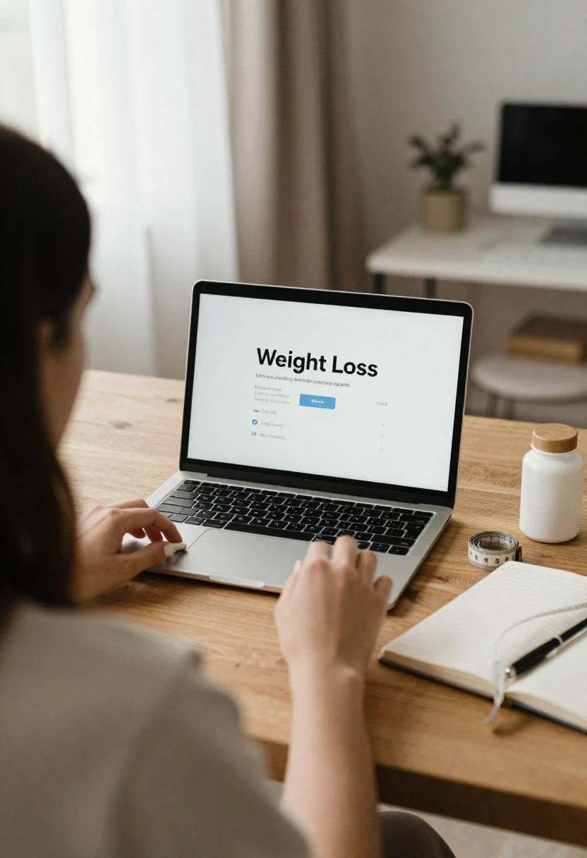 Person researching weight loss supplements online with measuring tape nearby