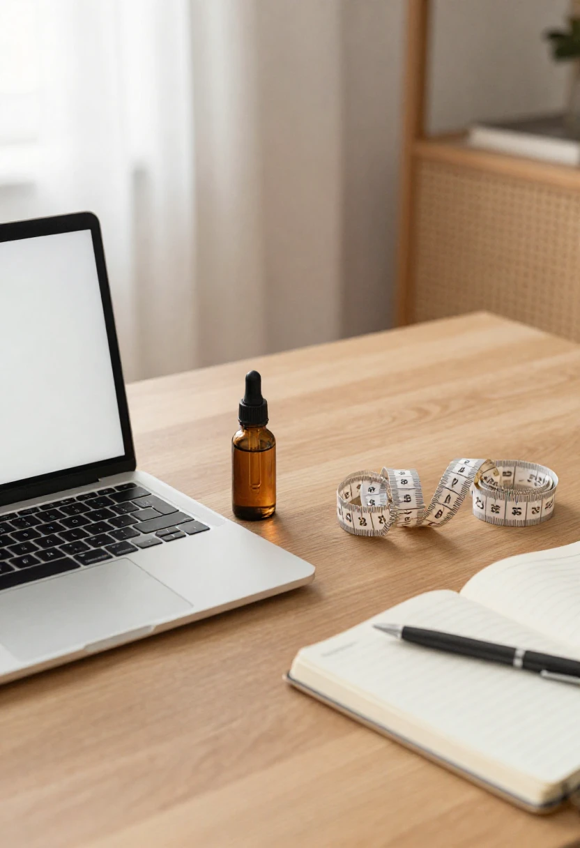 Laptop, measuring tape, and dropper bottle representing people buying HCG diet drops online.