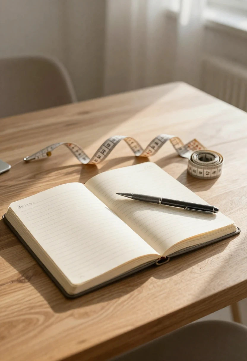 Journal with goals and measuring tape representing motivation behind trying diet programs.