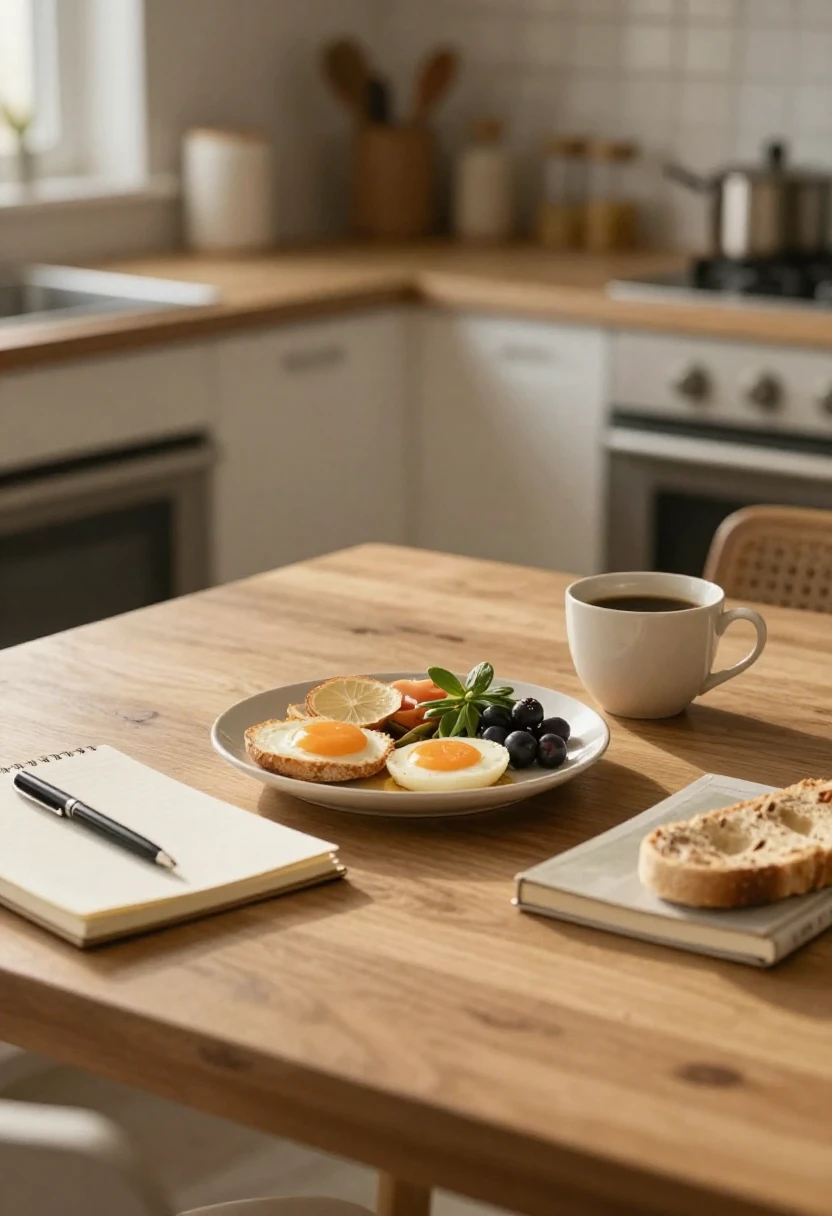 Breakfast table with open journal representing personal stories about trying diet trends.