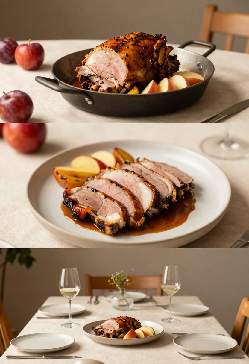 Collage of roast pork served casually and in elegant dining settings