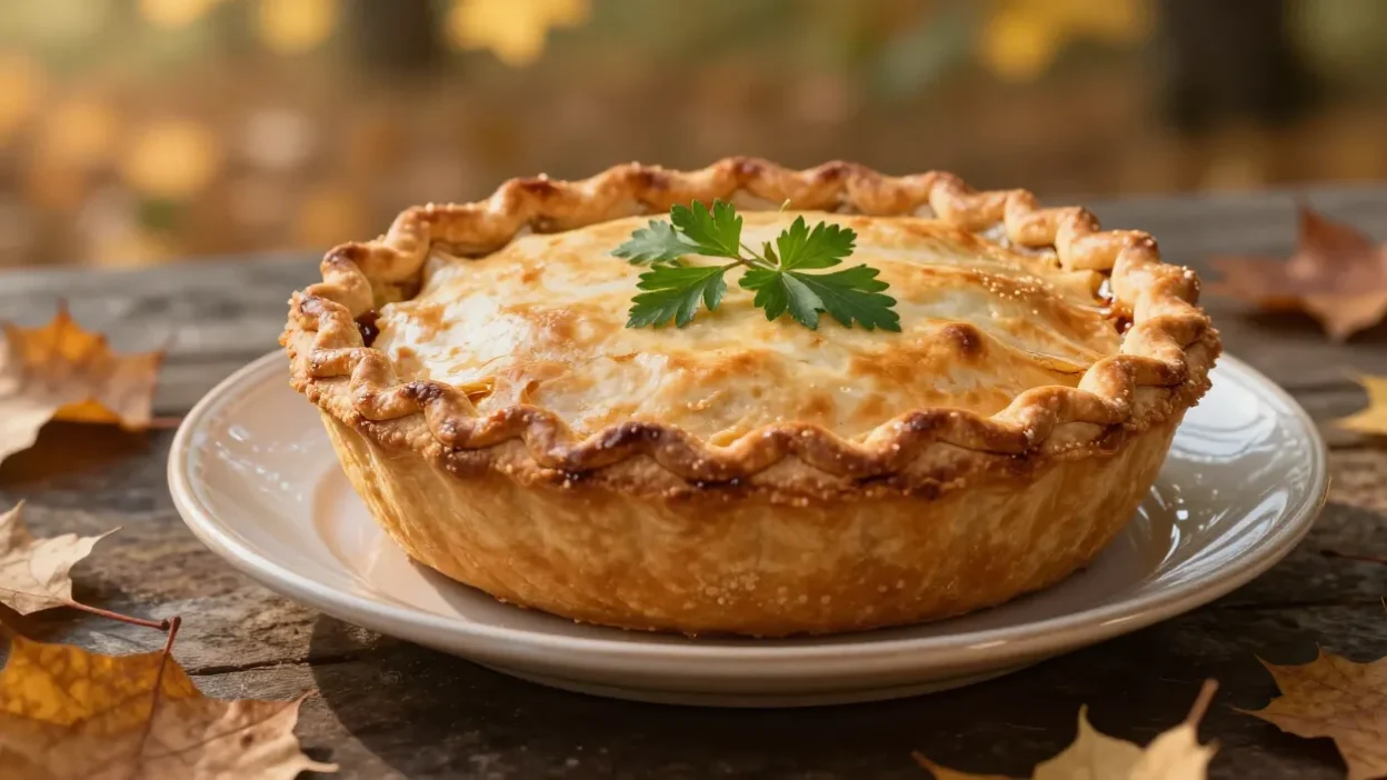 Whole game pie with golden crust and herbs in autumn setting