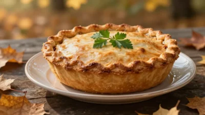 Whole game pie with golden crust and herbs in autumn setting