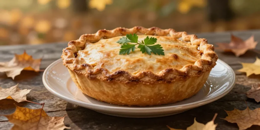 Whole game pie with golden crust and herbs in autumn setting