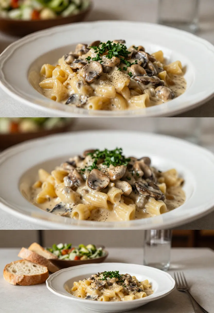 Collage of mushroom stroganoff plated in different styles