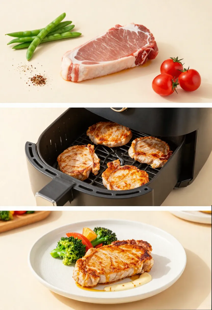 Air fryer pork chop collage with ingredients, cooking process, and plated dish with vegetables and sauce