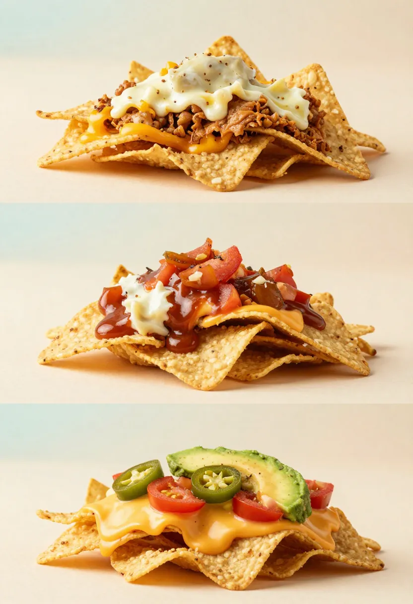 Collage showing bad, overloaded, and perfectly balanced nachos