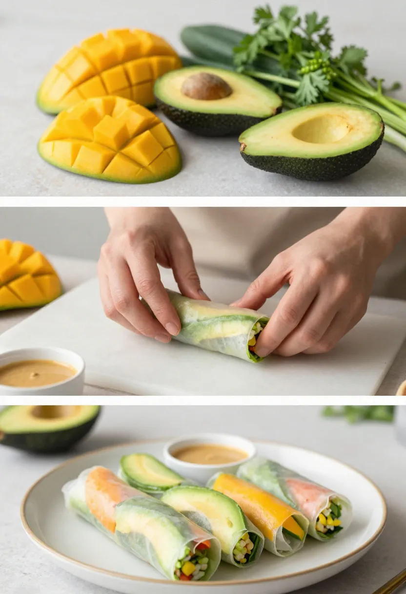 Collage of ingredients, preparation, and plated mango avocado spring rolls