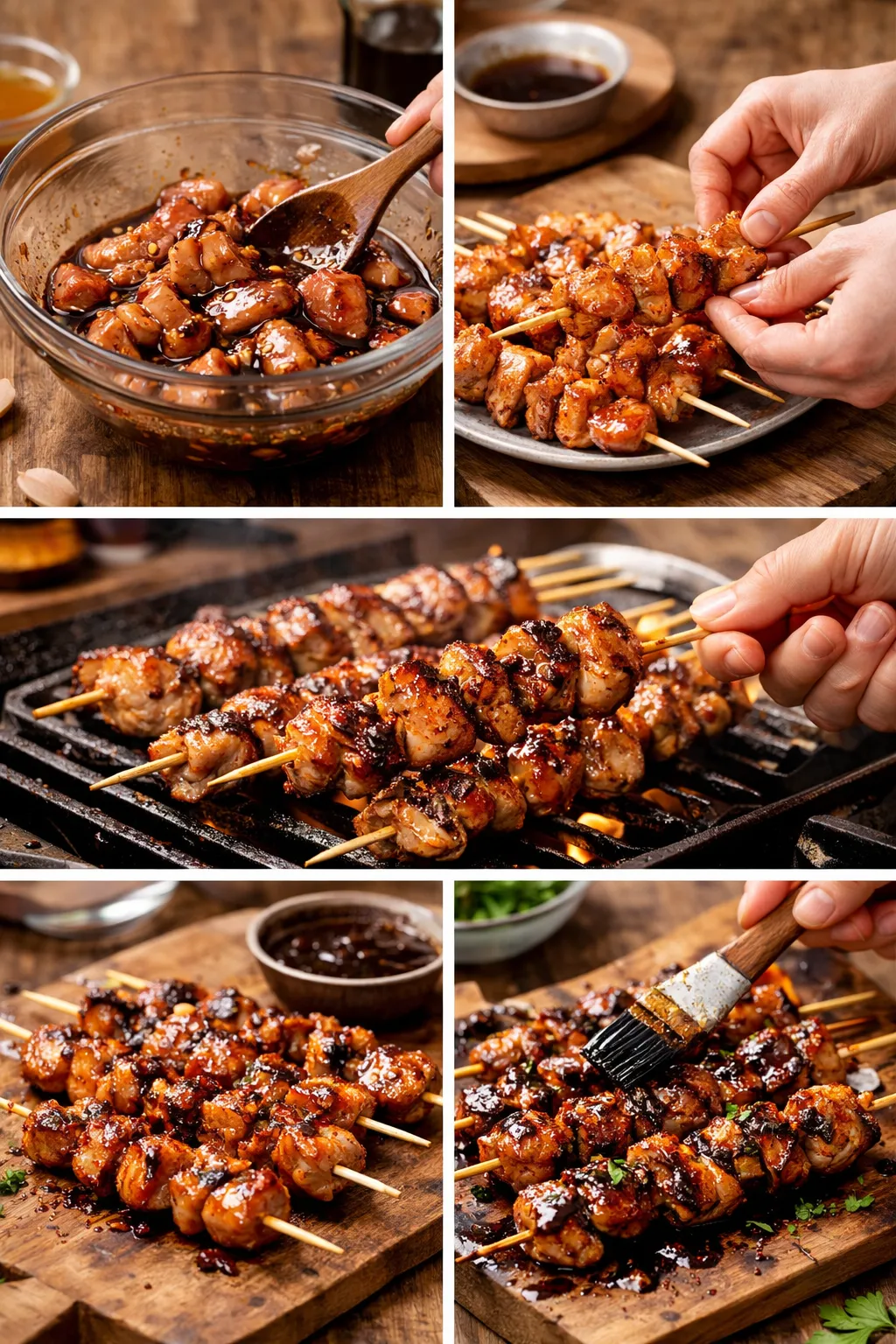 Collage showing step-by-step balsamic chicken skewers from marinating to glazed finish.
