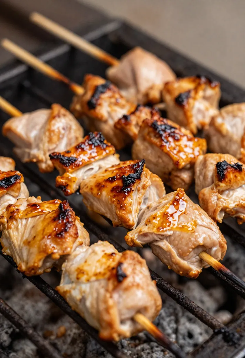 Balsamic chicken skewers cooking evenly with caramelized edges and glossy glaze.