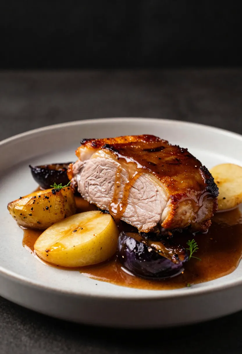 Roast pork with caramelized apples and plums in rich glossy sauce