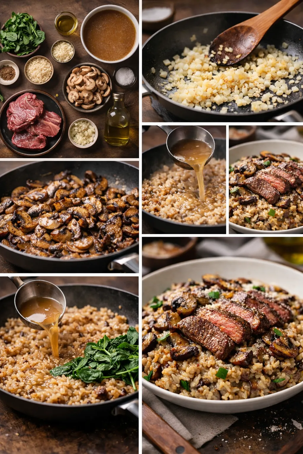 Collage showing step-by-step cooking of beef mushroom brown rice risotto