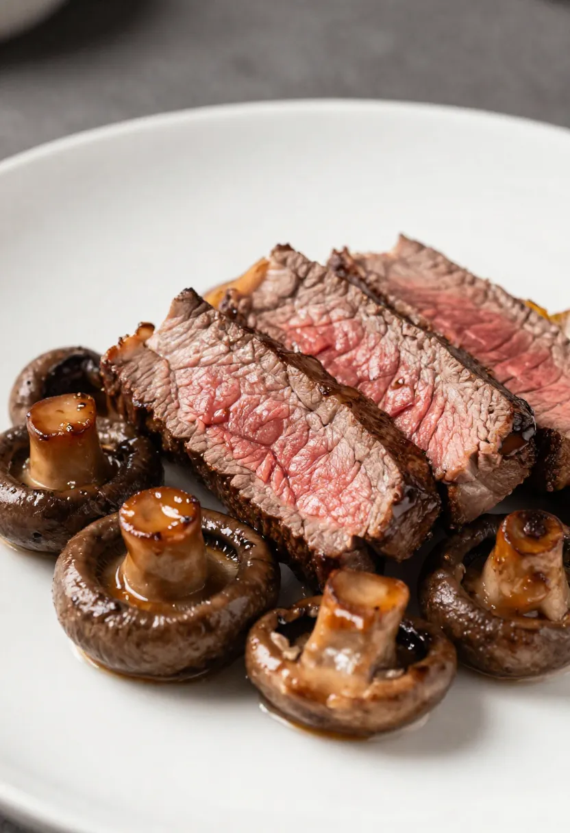 Cooked beef slices with caramelized mushrooms in elegant presentation