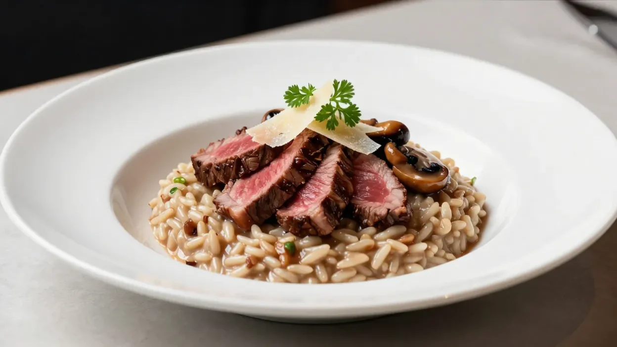 Elegant beef and mushroom brown rice risotto plated in restaurant style