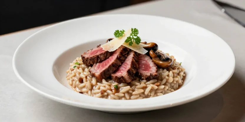Elegant beef and mushroom brown rice risotto plated in restaurant style