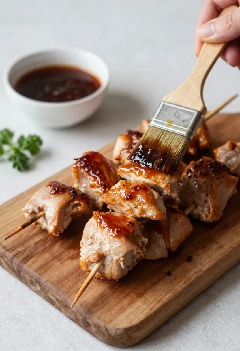 Balsamic chicken skewers resting with glaze and herbs in a warm, cozy setting.