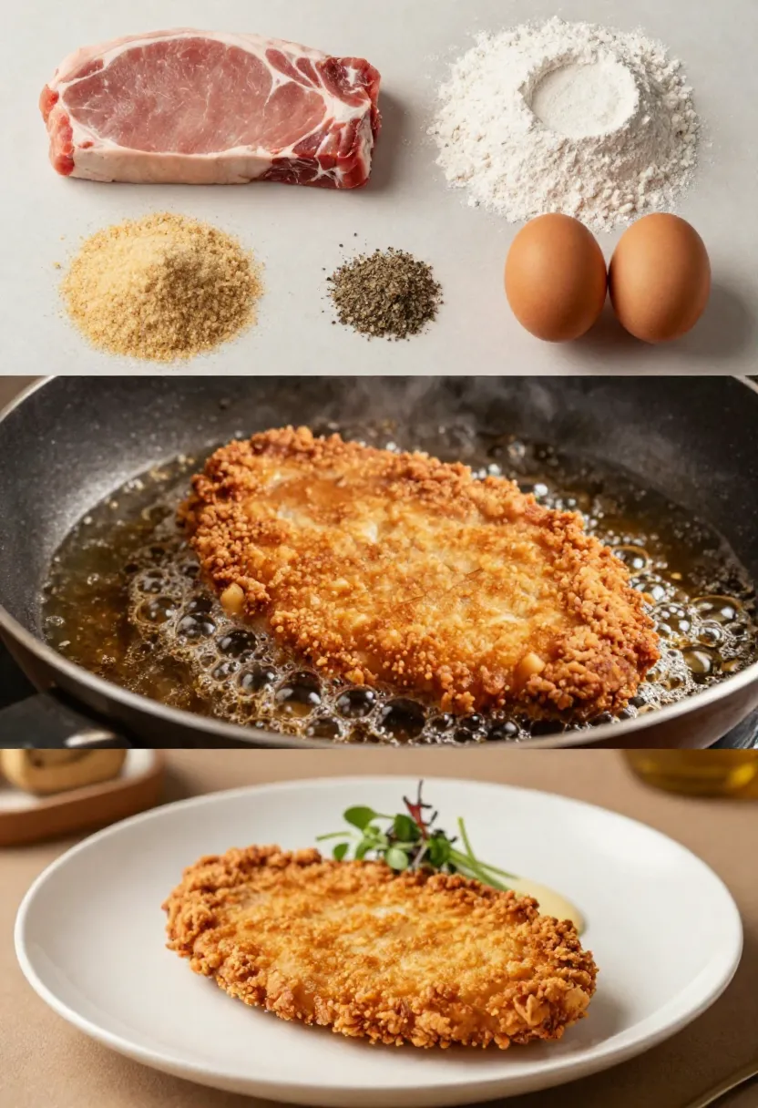 Breaded pork chop collage with ingredients, frying process, and restaurant-style plated crispy dish